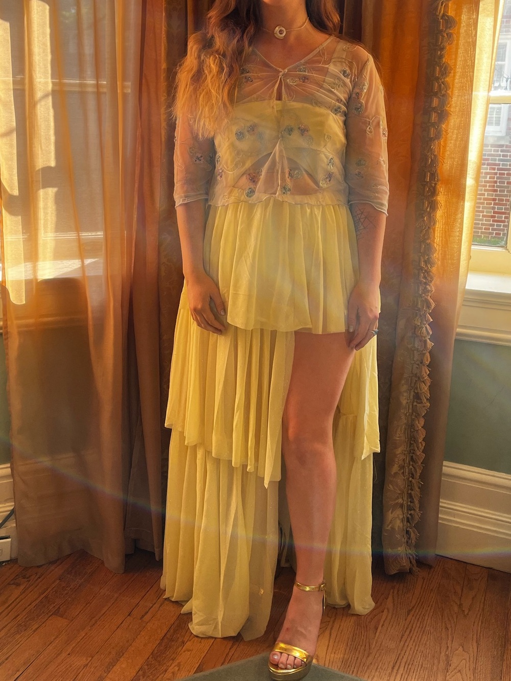 for love and lemons yellow sparkly high slit maxi dress